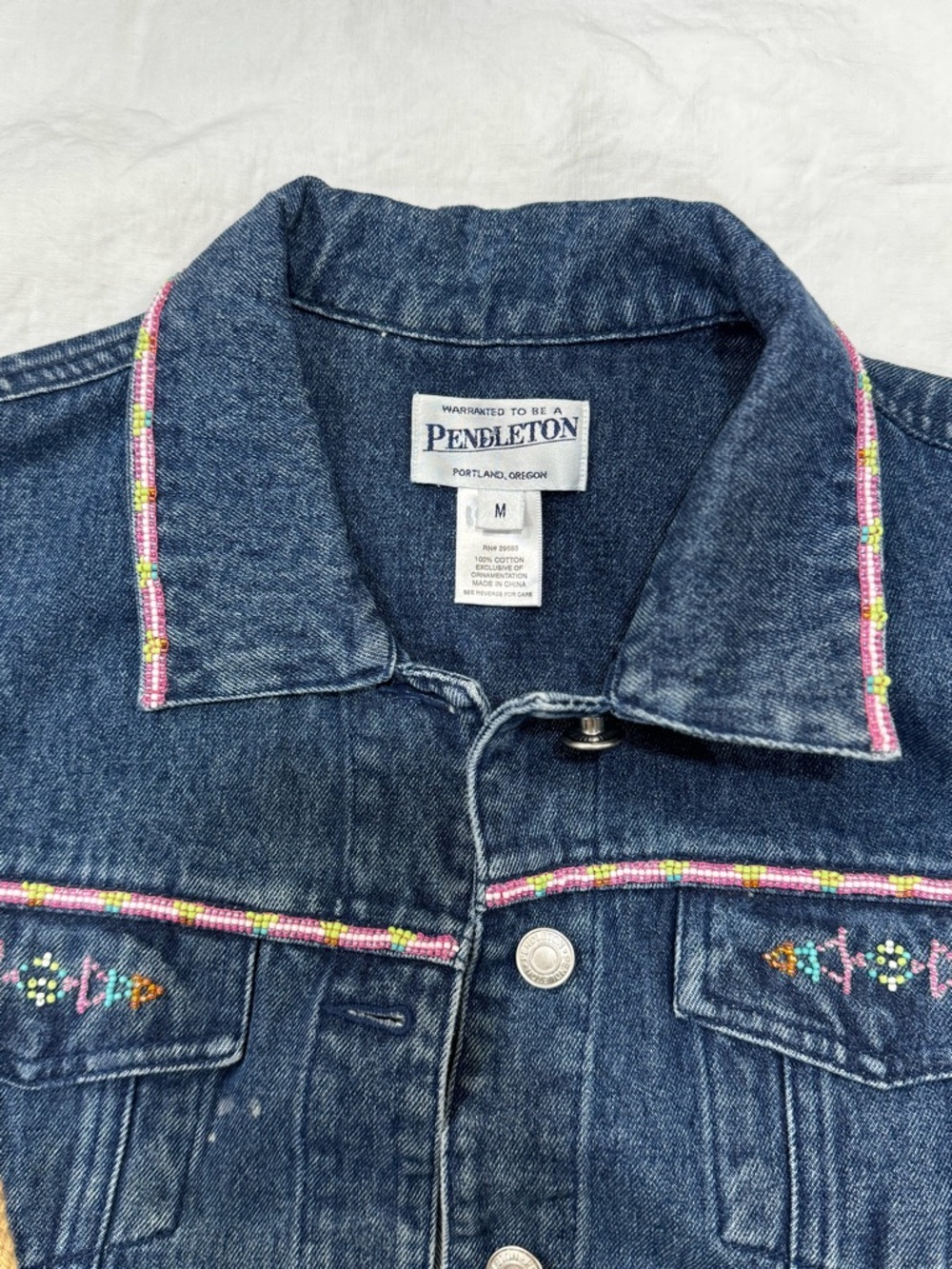 Pendleton Dark Blue Denim Jacket with Pink & Multicolor Embroidery size M